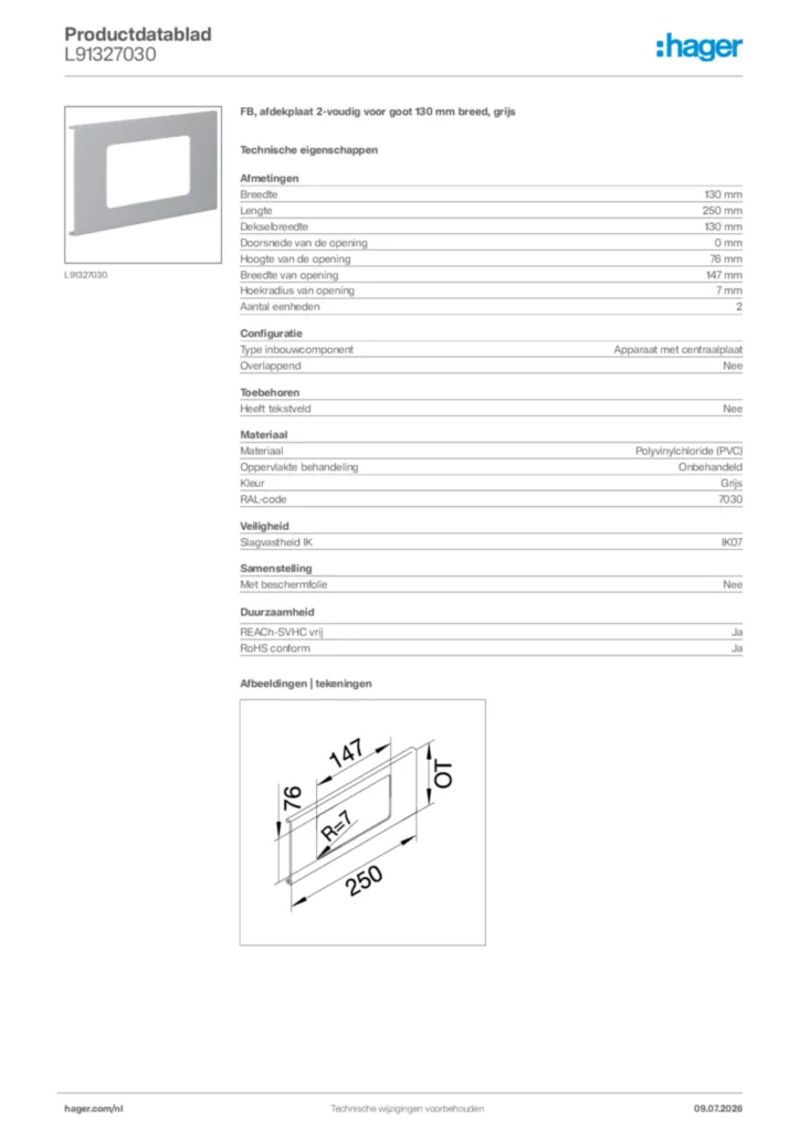 Afbeelding Hager Productdatablad L91327030 | Hager Nederland