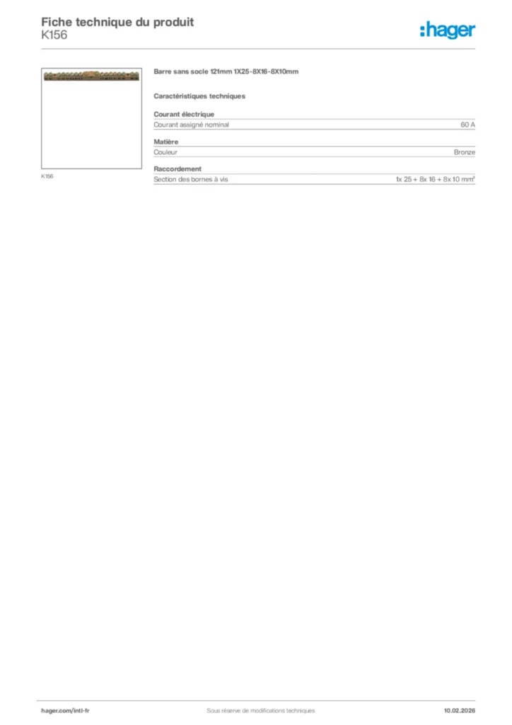 Image Hager Fiche technique du produit K156 | Hager Afrique