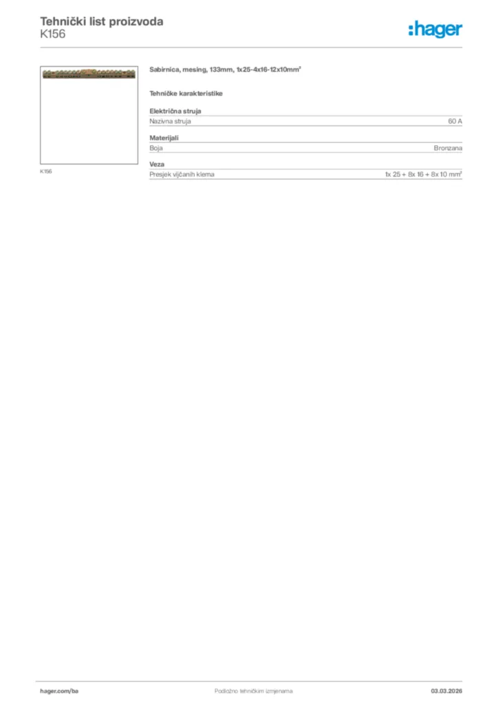 Slika Hager Tehnički list proizvoda K156  | Hager