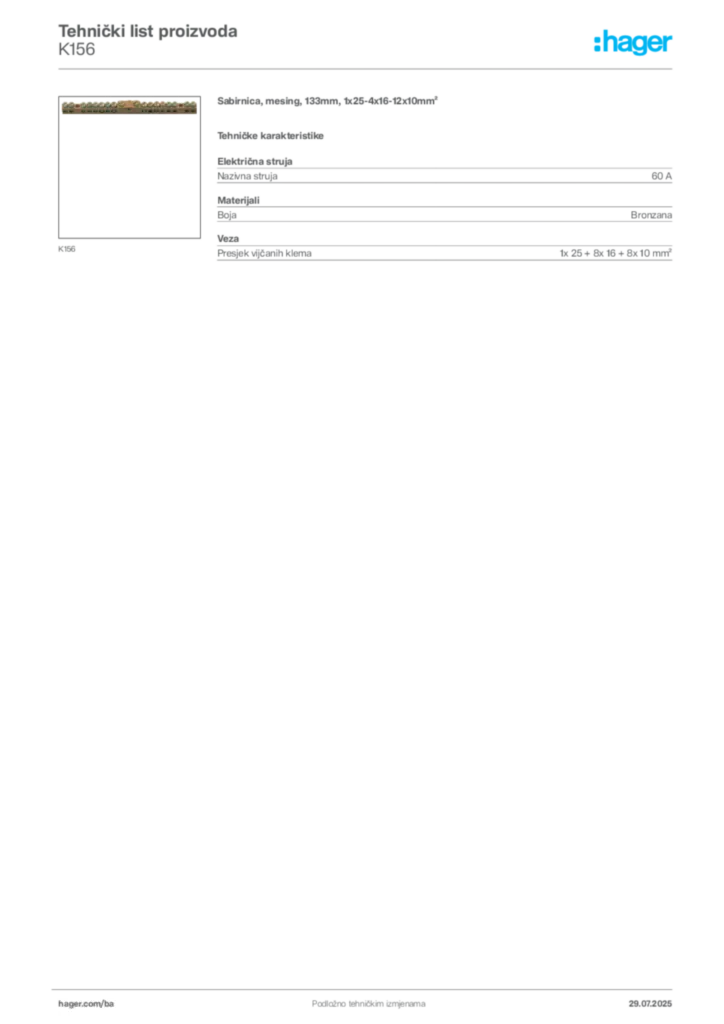 Slika Hager Product data sheet K156  | Hager