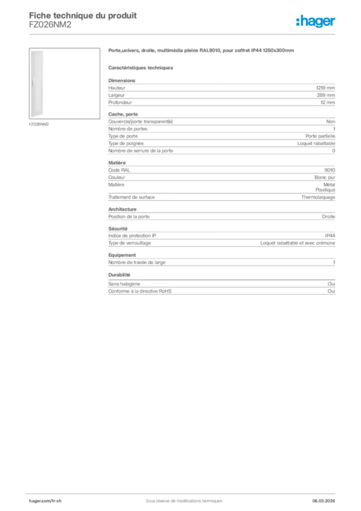 Image Hager Fiche technique du produit FZ026NM2 | Hager Suisse