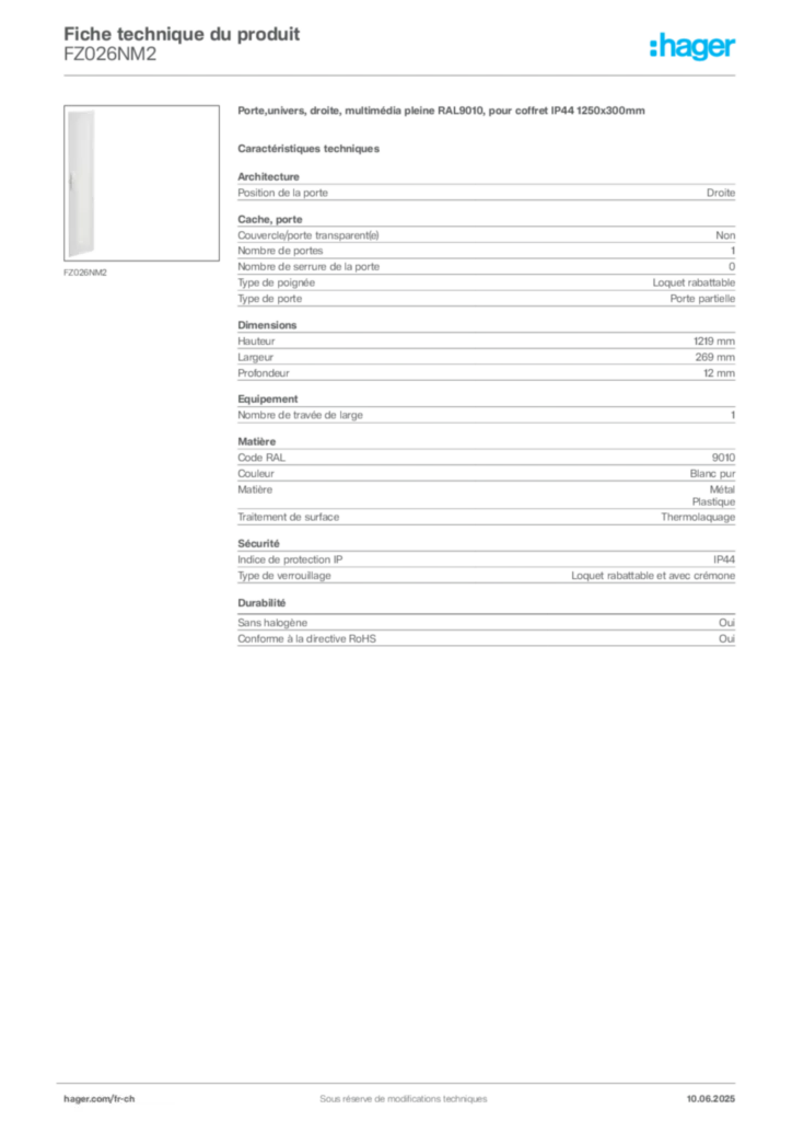 Image Hager Fiche technique du produit FZ026NM2 | Hager Suisse