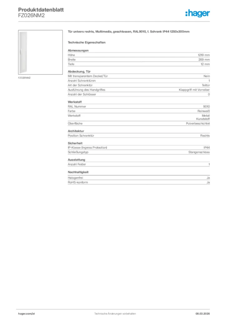 Bild Hager Produktdatenblatt FZ026NM2 | Hager Deutschland
