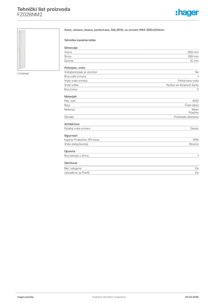 Slika Hager Tehnički list proizvoda FZ026NM2  | Hager
