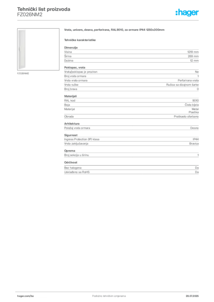 Slika Hager Product data sheet FZ026NM2  | Hager