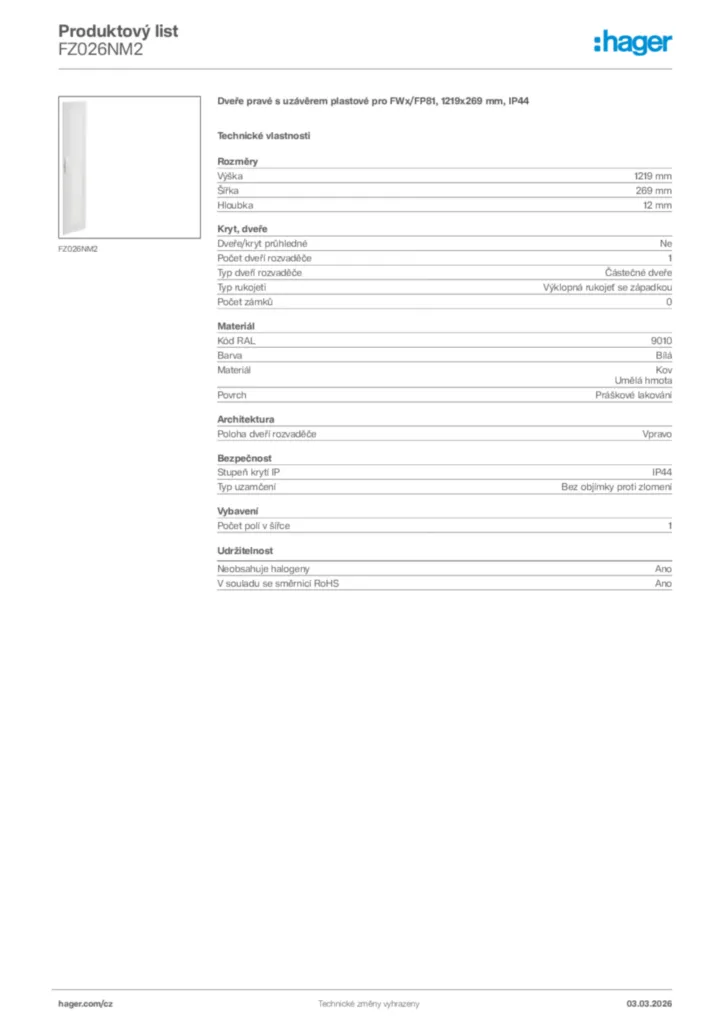Obrázek Hager Product data sheet FZ026NM2 | Hager