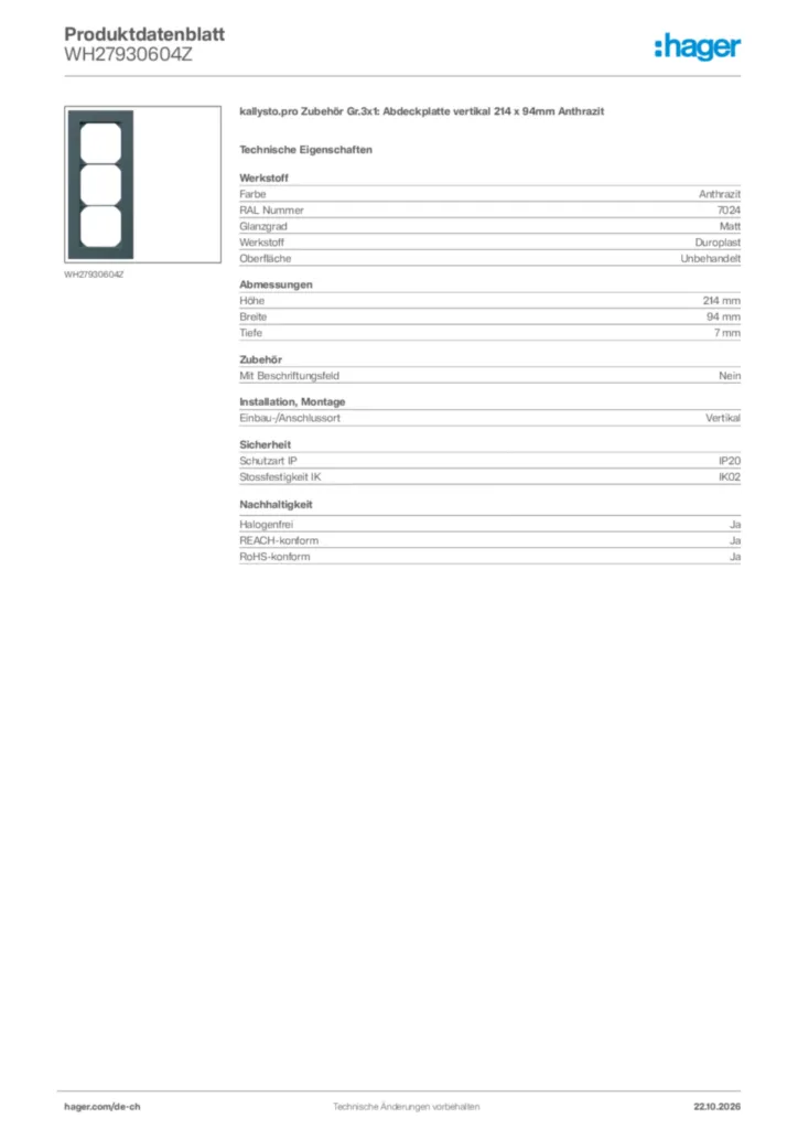 Bild Hager Produktdatenblatt WH27930604Z | Hager Schweiz