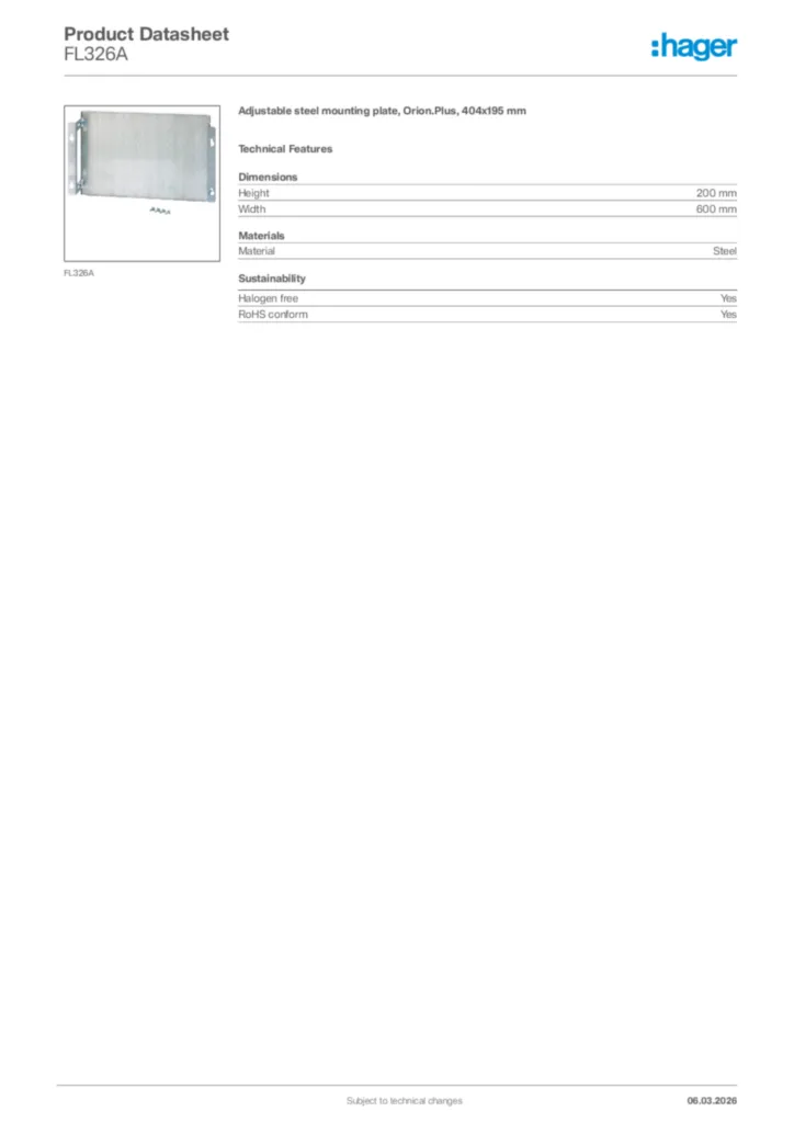 Image Hager Product data sheet FL326A  | Hager Africa