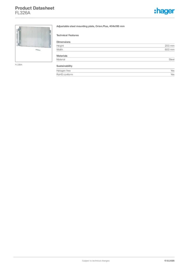 Image Hager Product data sheet FL326A  | Hager Africa