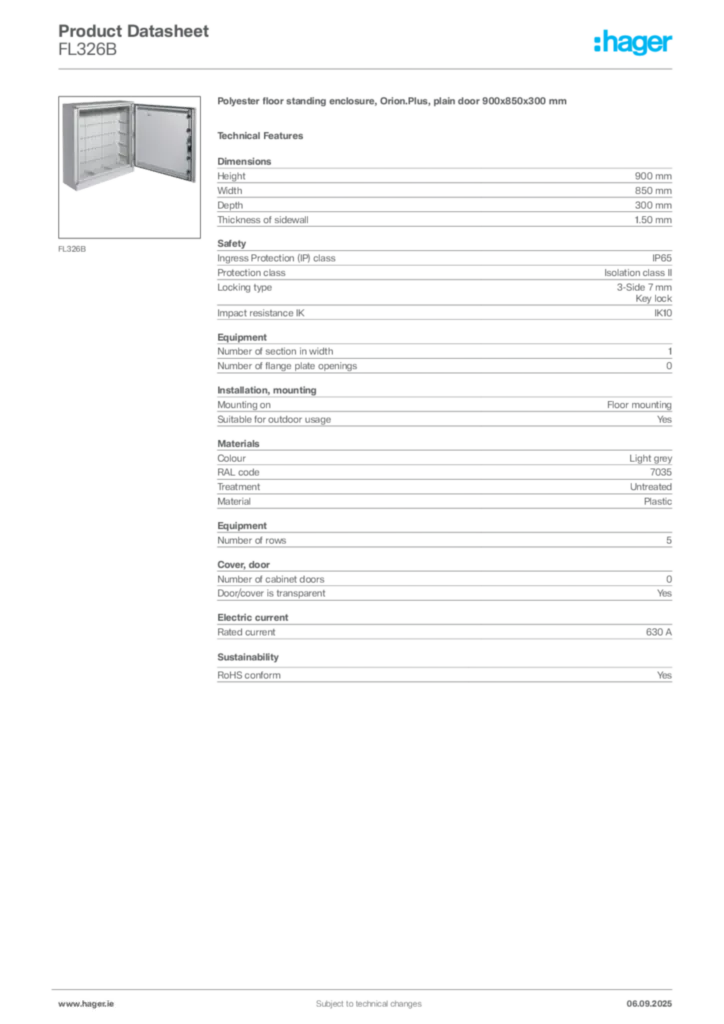 Image Hager Product data sheet FL326B  | Hager
