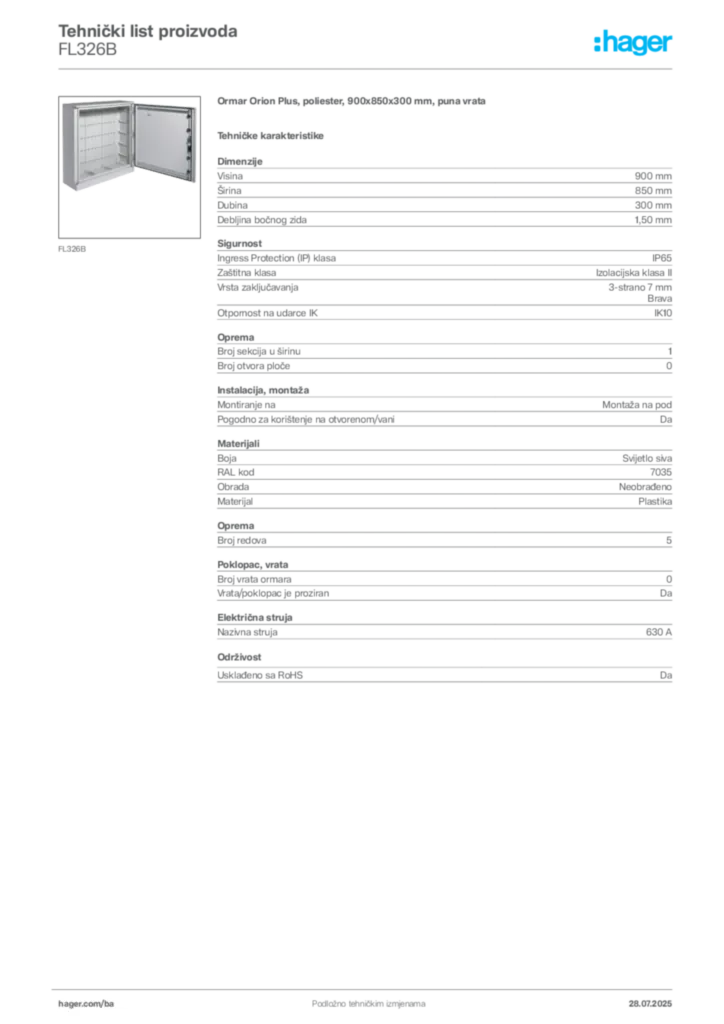 Slika Hager Product data sheet FL326B  | Hager