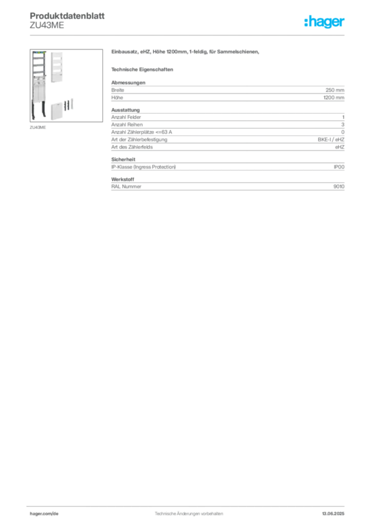 Hager Produktdatenblatt ZU43ME