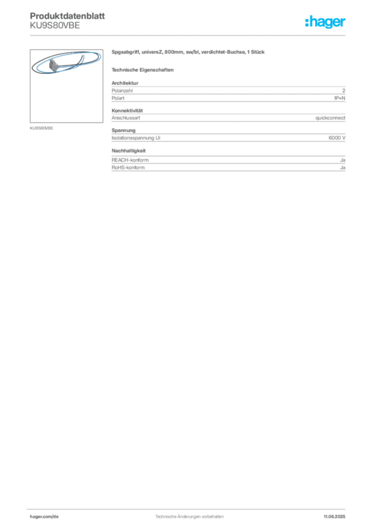Bild Hager Produktdatenblatt KU9S80VBE | Hager Deutschland
