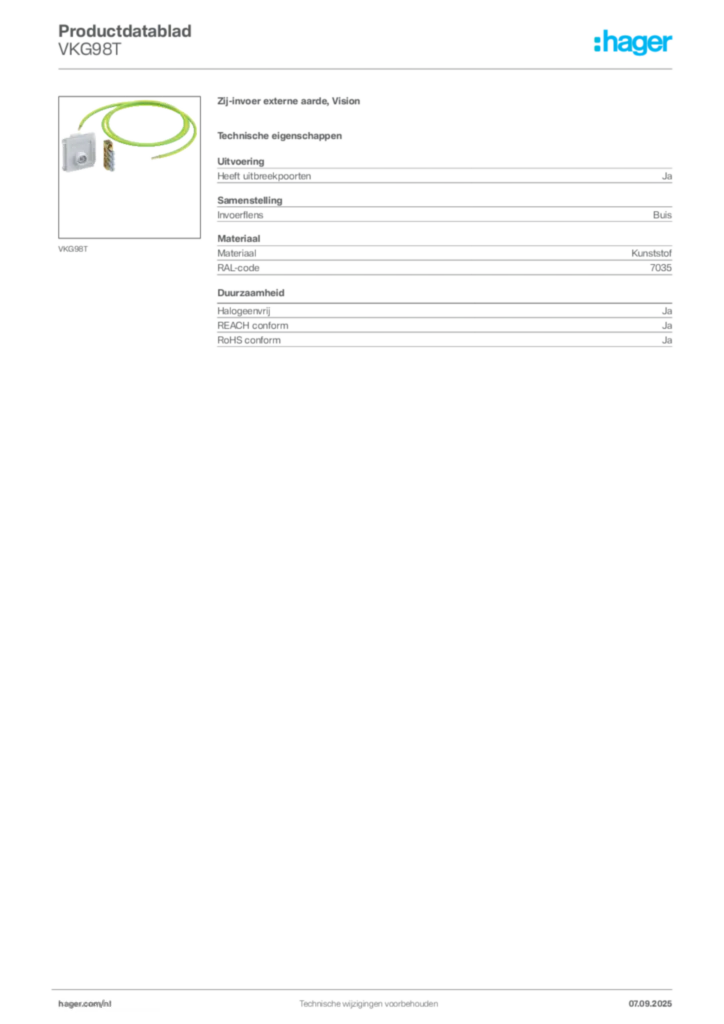 Afbeelding Hager Productdatablad VKG98T | Hager Nederland