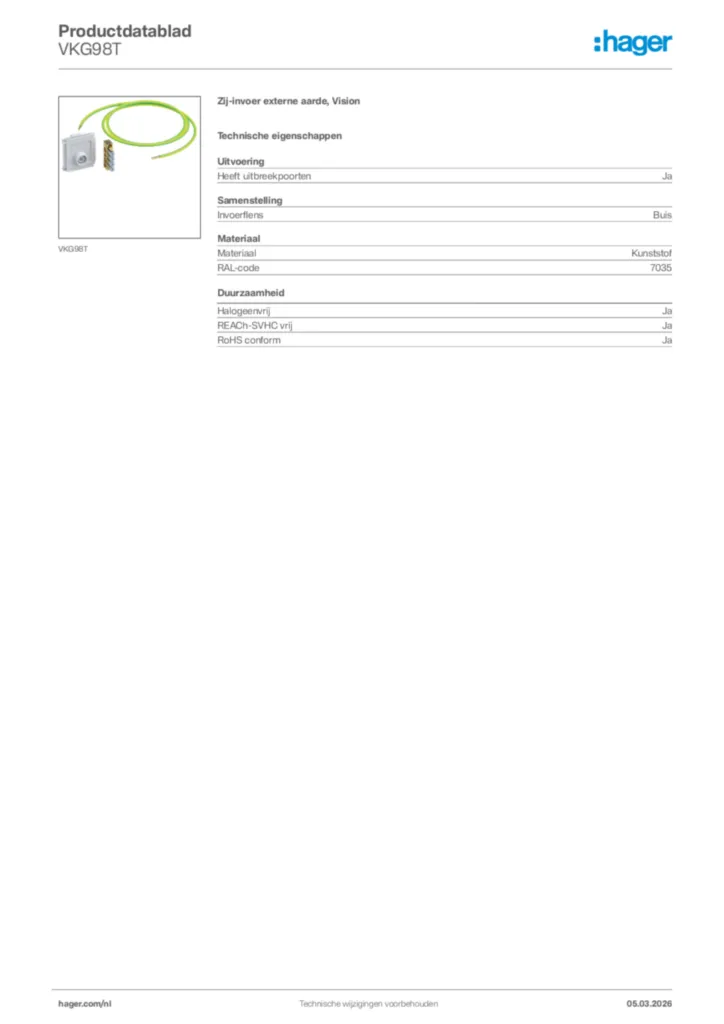 Afbeelding Hager Productdatablad VKG98T | Hager Nederland