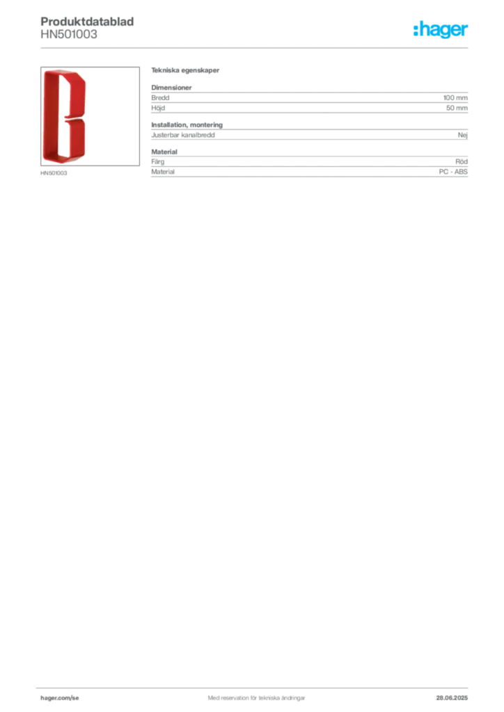 Bild Hager Produktdatablad HN501003 | Hager Sverige