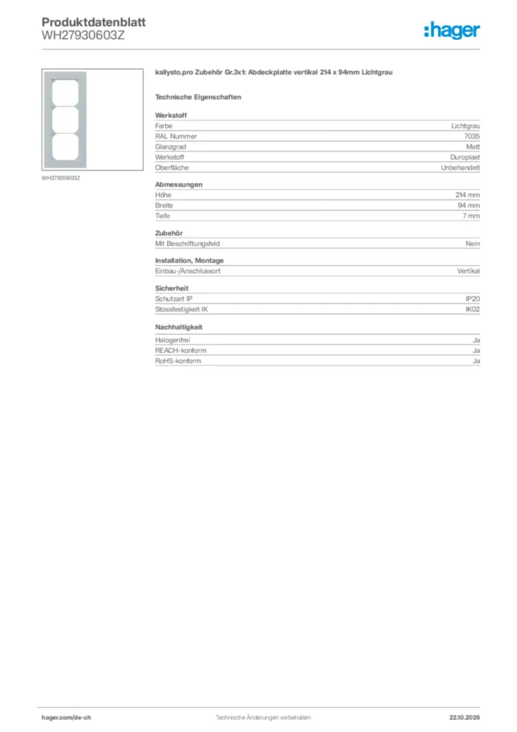 Bild Hager Produktdatenblatt WH27930603Z | Hager Schweiz