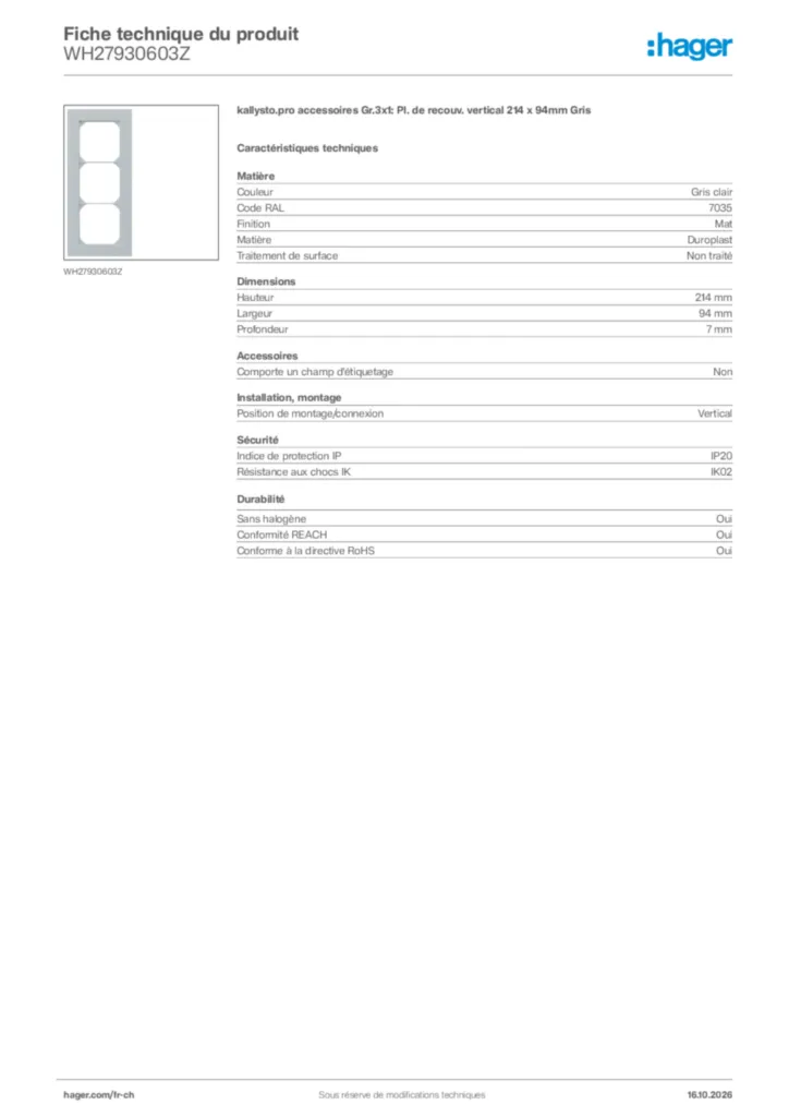 Image Hager Fiche technique du produit WH27930603Z | Hager Suisse