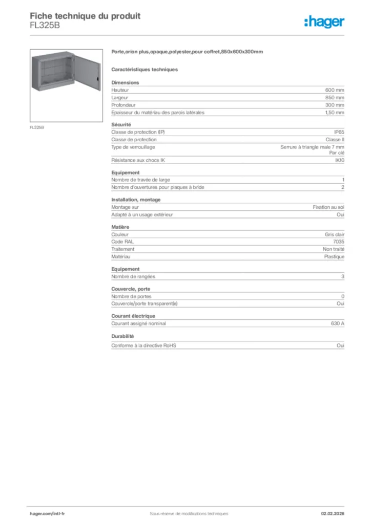 Image Hager Fiche technique du produit FL325B | Hager Afrique