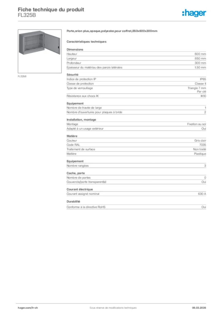 Image Hager Fiche technique du produit FL325B | Hager Suisse