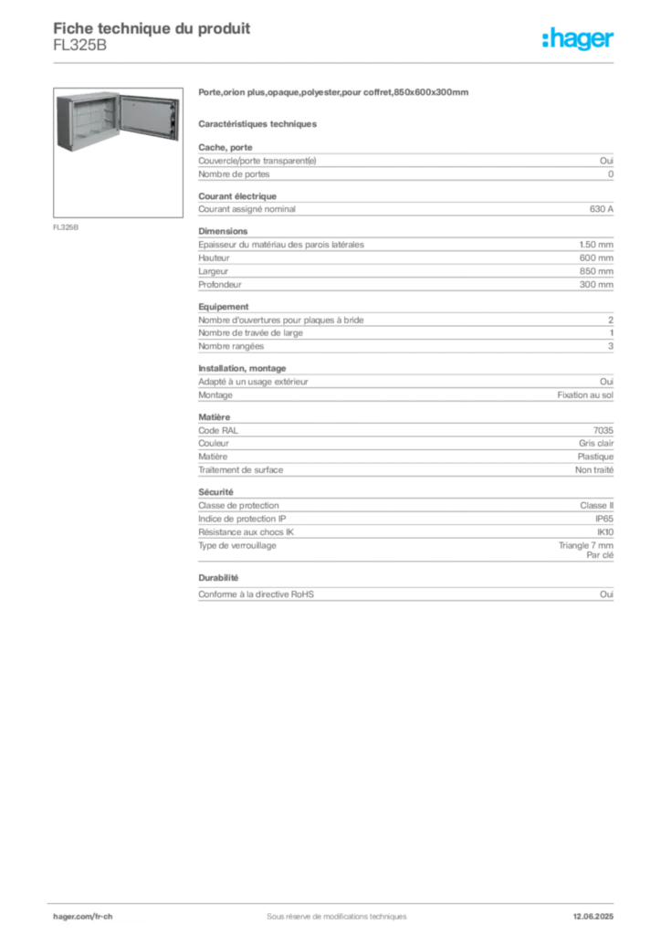 Image Hager Fiche technique du produit FL325B | Hager Suisse