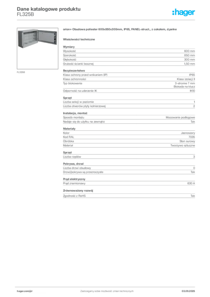 Zdjęcie Hager Karta katalogowa FL325B | Hager Polska