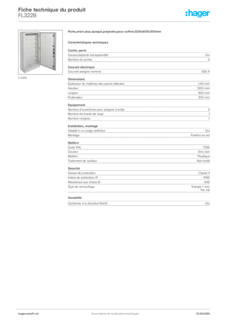 Image Hager Fiche technique du produit FL322B | Hager Suisse
