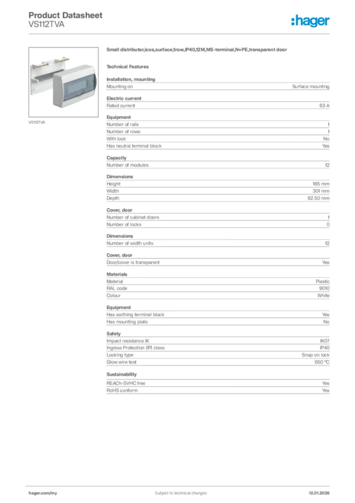 Image Hager Product data sheet VS112TVA  | Hager
