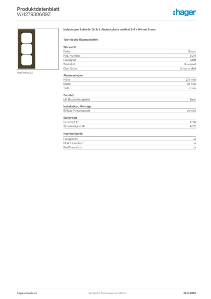 Bild Hager Produktdatenblatt WH27930609Z | Hager Schweiz