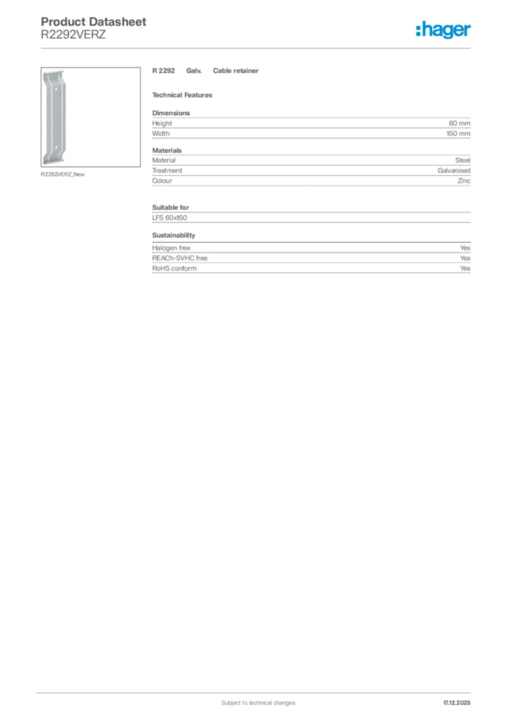 Image Hager Product data sheet R2292VERZ  | Hager Africa