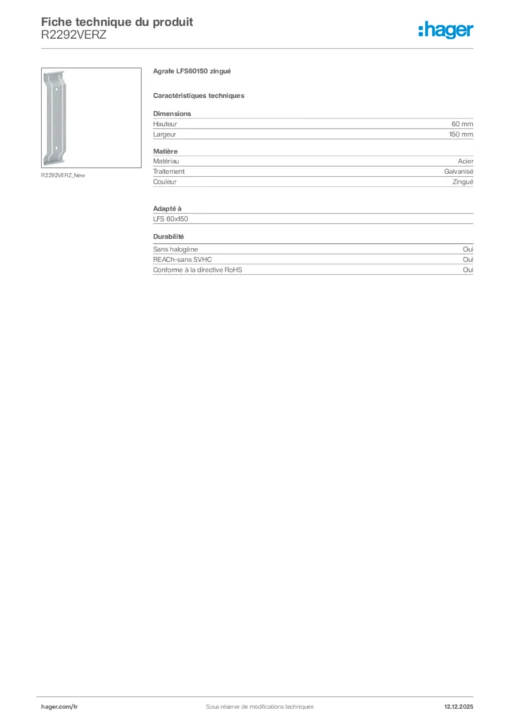 Image Hager Fiche technique du produit R2292VERZ | Hager France