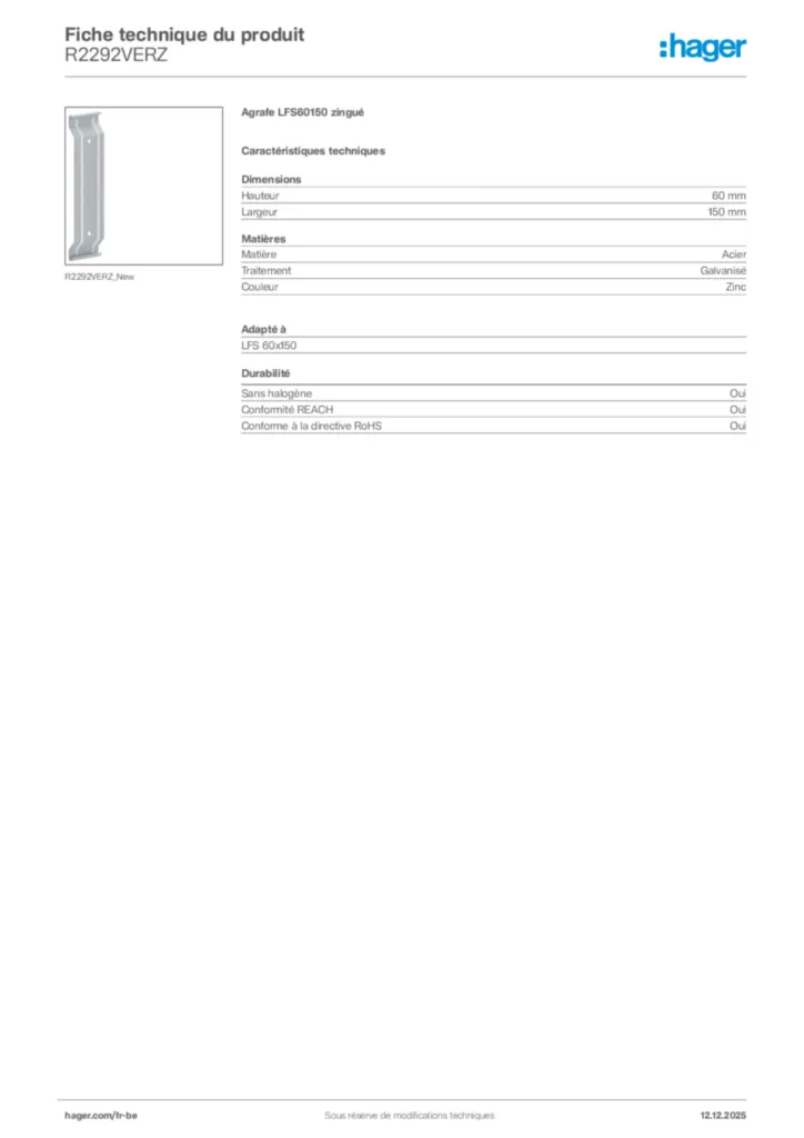 Image Hager Fiche technique du produit R2292VERZ | Hager Belgique