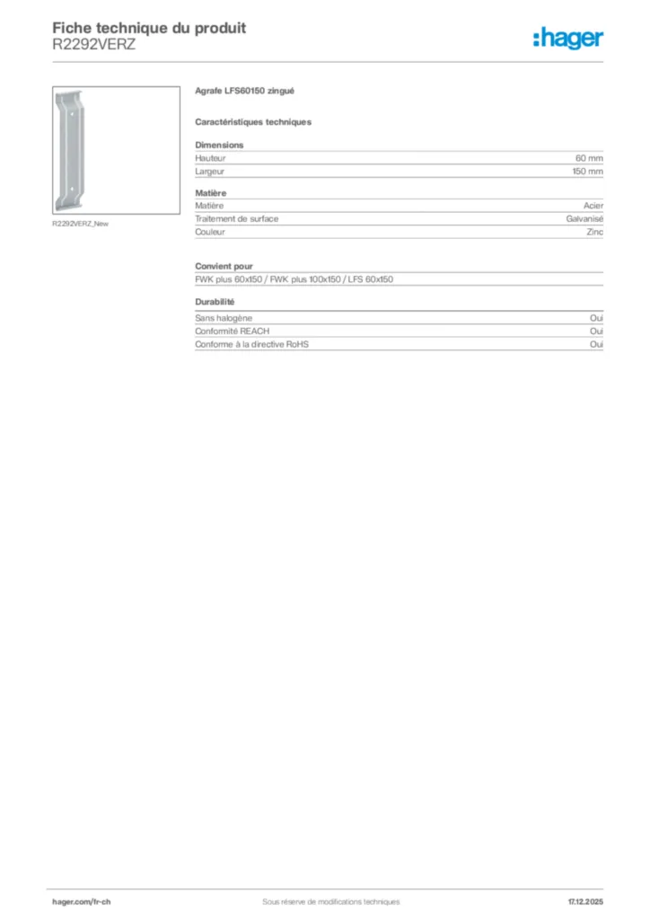 Image Hager Fiche technique du produit R2292VERZ | Hager Suisse