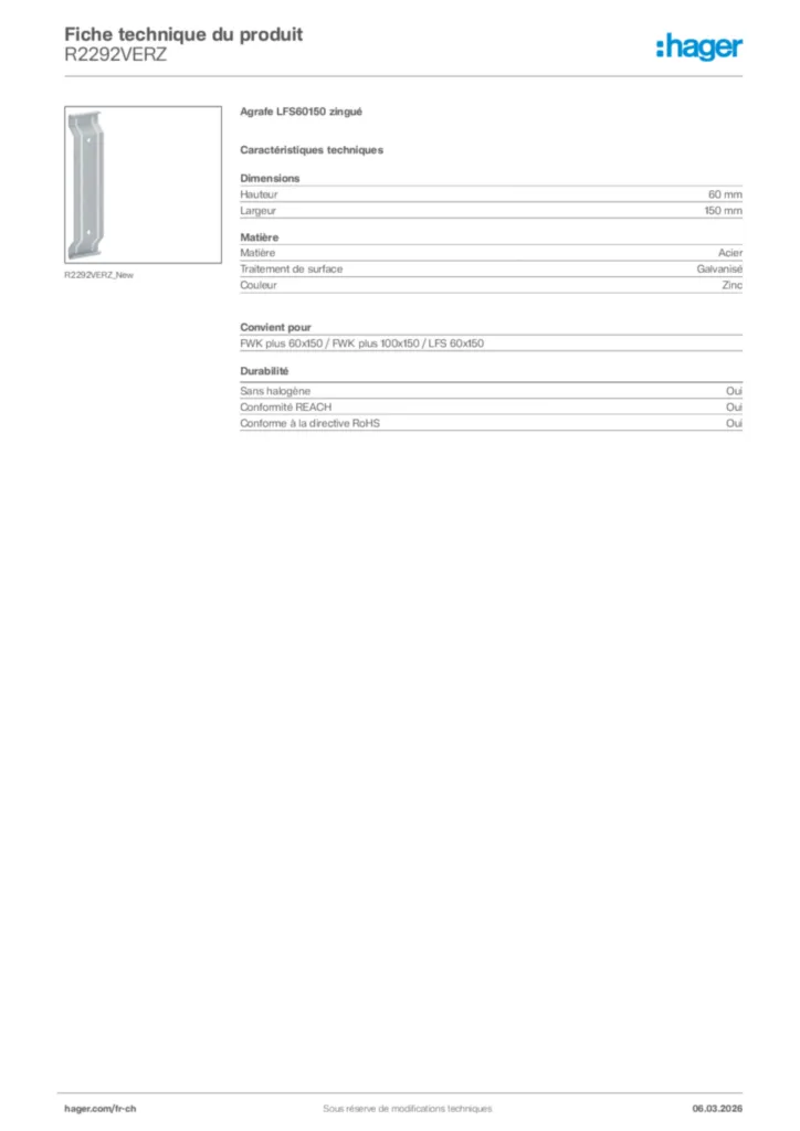 Image Hager Fiche technique du produit R2292VERZ | Hager Suisse