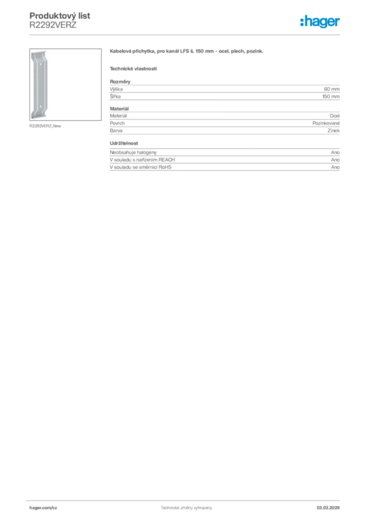Obrázek Hager Product data sheet R2292VERZ | Hager
