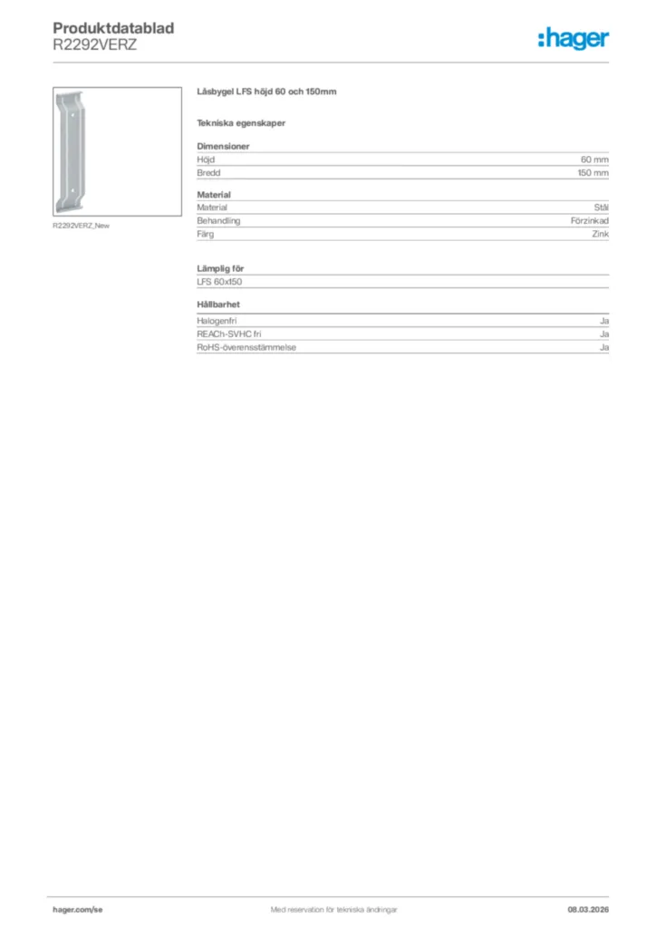 Bild Hager Produktdatablad R2292VERZ | Hager Sverige