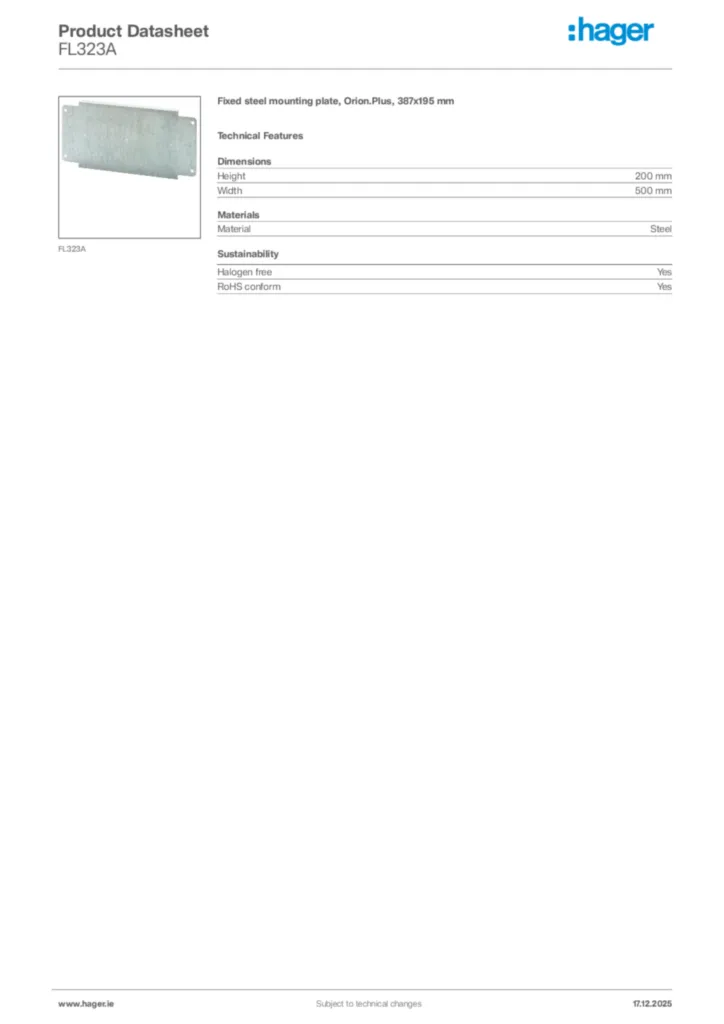 Image Hager Product data sheet FL323A  | Hager
