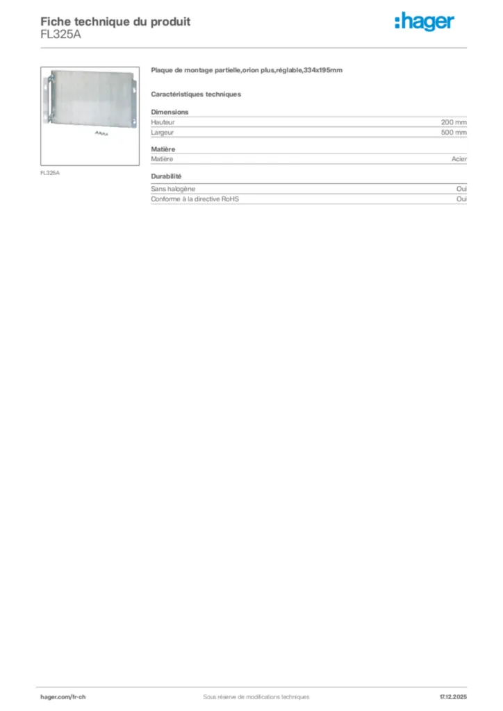 Image Hager Fiche technique du produit FL325A | Hager Suisse