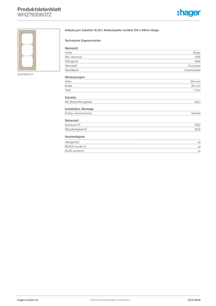 Bild Hager Produktdatenblatt WH27930607Z | Hager Schweiz