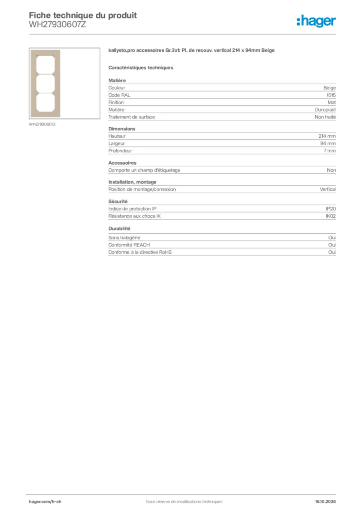 Image Hager Fiche technique du produit WH27930607Z | Hager Suisse
