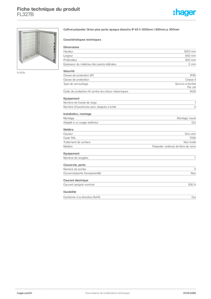 Image Hager Fiche technique du produit FL327B | Hager France