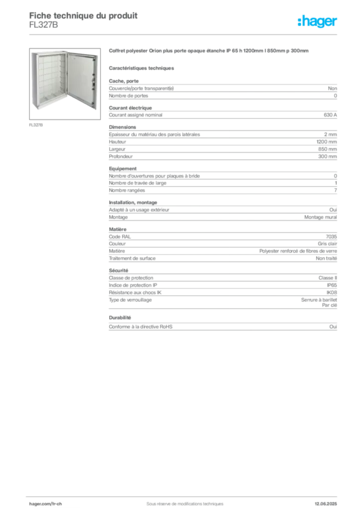 Image Hager Fiche technique du produit FL327B | Hager Suisse