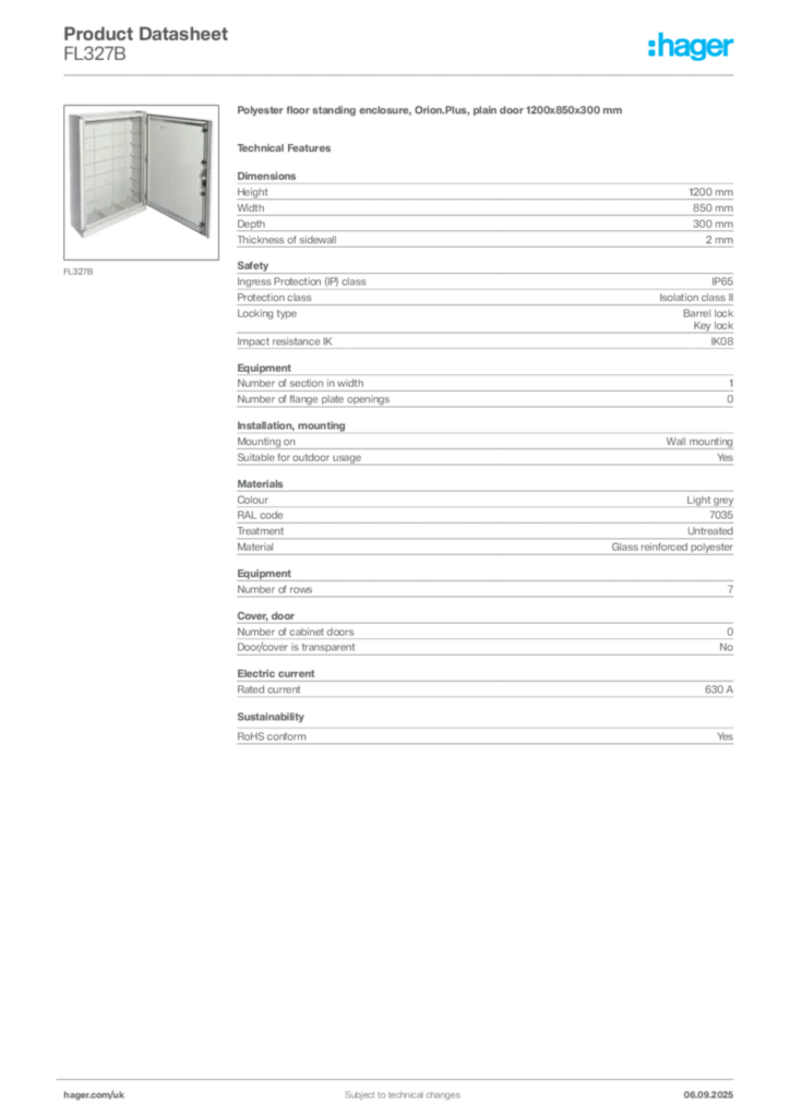 Image Hager Product data sheet FL327B  | Hager