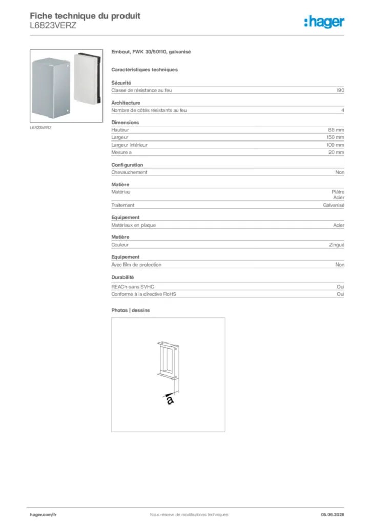 Image Hager Fiche technique du produit L6823VERZ | Hager France