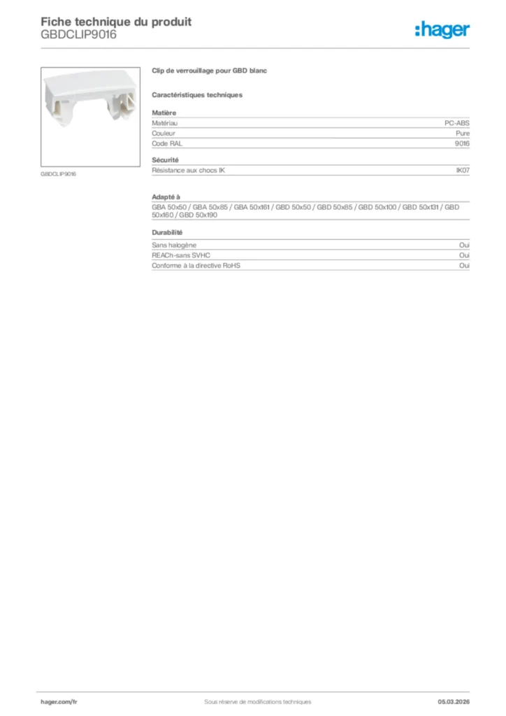 Image Hager Fiche technique du produit GBDCLIP9016 | Hager France