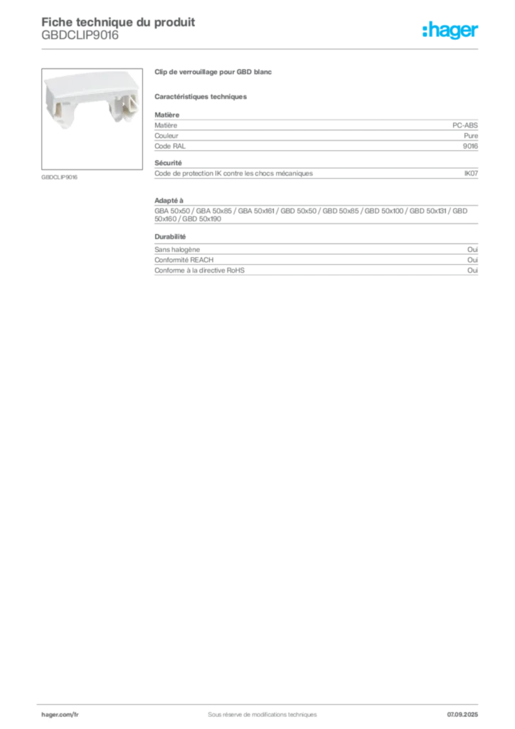 Image Hager Fiche technique du produit GBDCLIP9016 | Hager France
