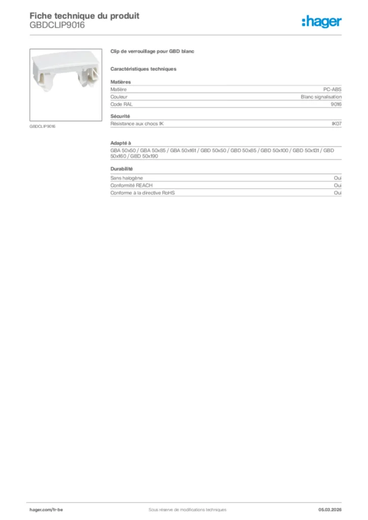 Image Hager Fiche technique du produit GBDCLIP9016 | Hager Belgique