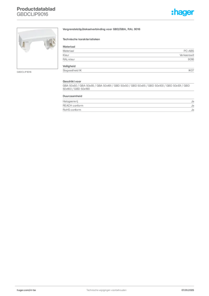 Afbeelding Hager Productdatablad GBDCLIP9016 | Hager Belgium