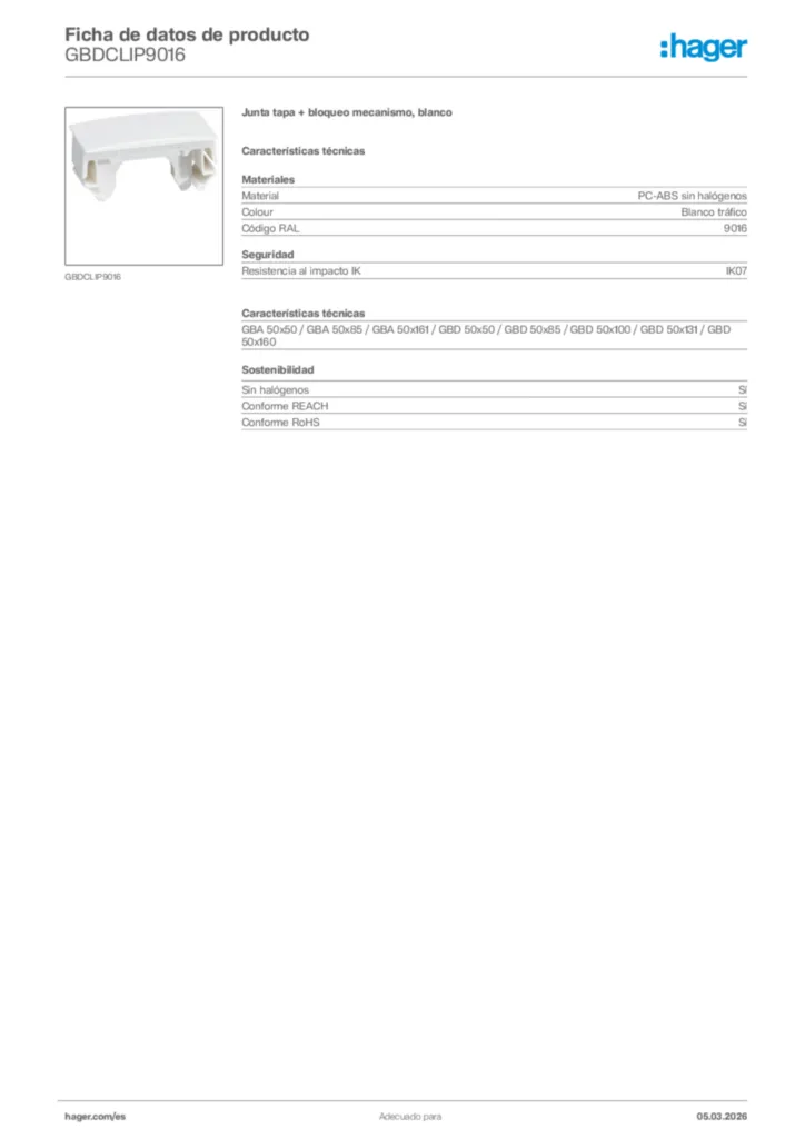 Imagen Hager Ficha de datos de producto GBDCLIP9016 | Hager España