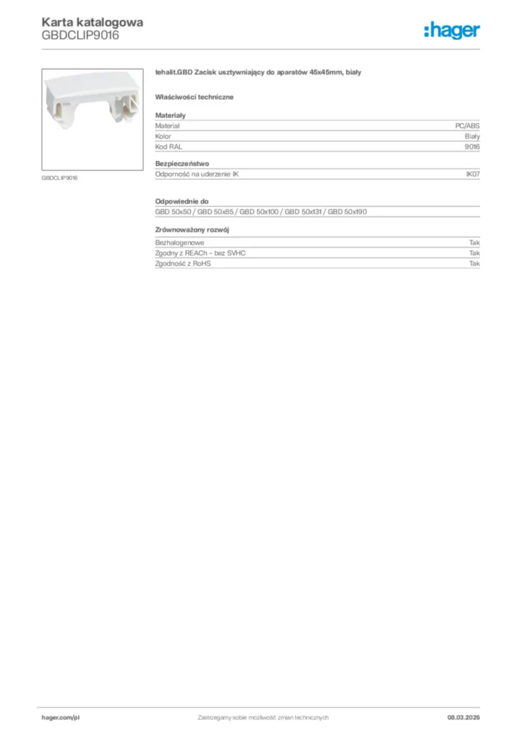 Zdjęcie Hager Karta katalogowa GBDCLIP9016 | Hager Polska